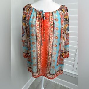 Multiples Womens Top
Large Blue Orange
Floral Paisley 3/4
Sleeve BOHO Festival